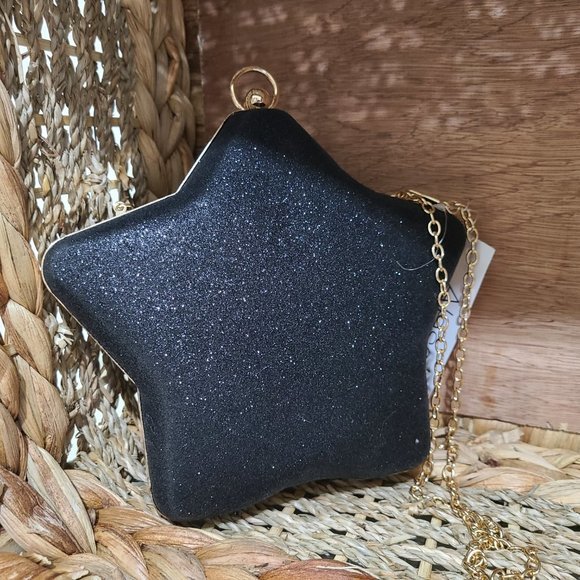 alessia Handbags - Alessia Black Sparkle Glitter Star Night Out Clutch/Purse‎ with Gold Chain